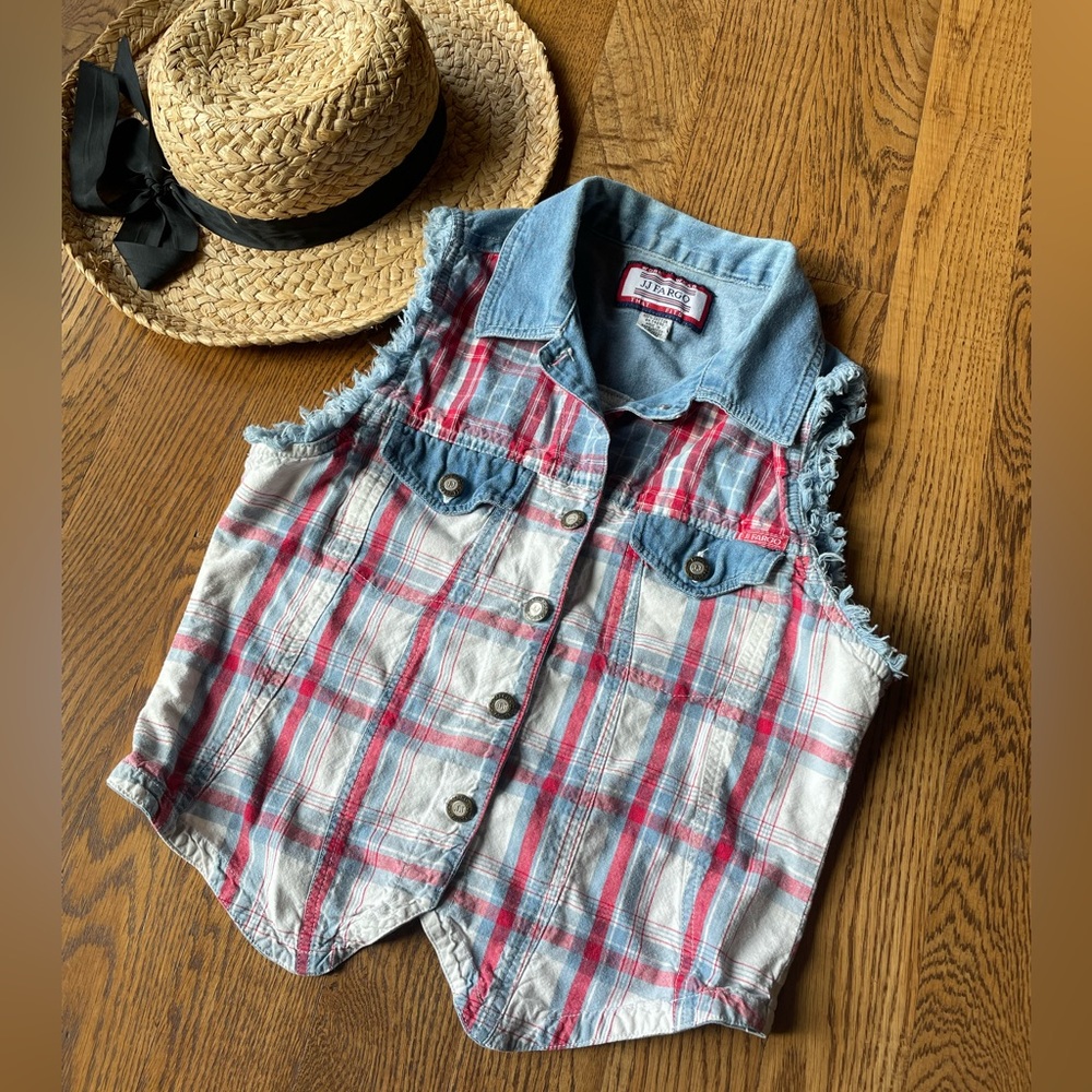 JJ Fargo vintage sleeveless western red plaid and denim button down tank